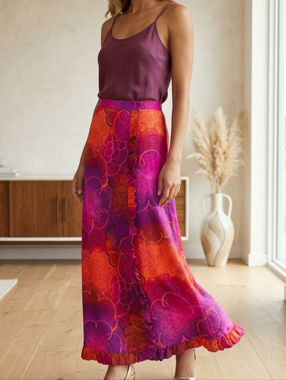 ALICE of CALIFORNIA Vintage 60s Hawaiian Barkcloth Maxi Wrap Skirt sz L Women's